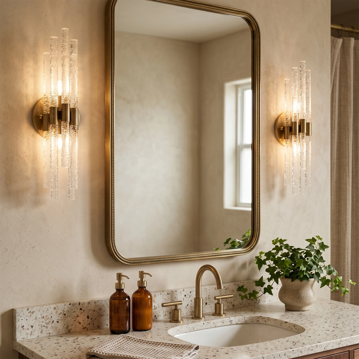 Artisanal Rippled Glass Wall Sconce - Luxury Bathroom Vanity Flanking Rounded Rectangle Mirror | HoaiLamp