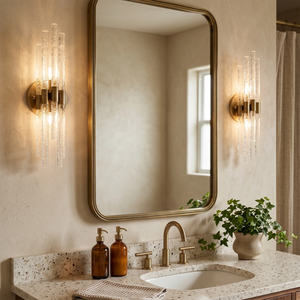 Artisanal Rippled Glass Wall Sconce - Luxury Bathroom Vanity Flanking Rounded Rectangle Mirror | HoaiLamp