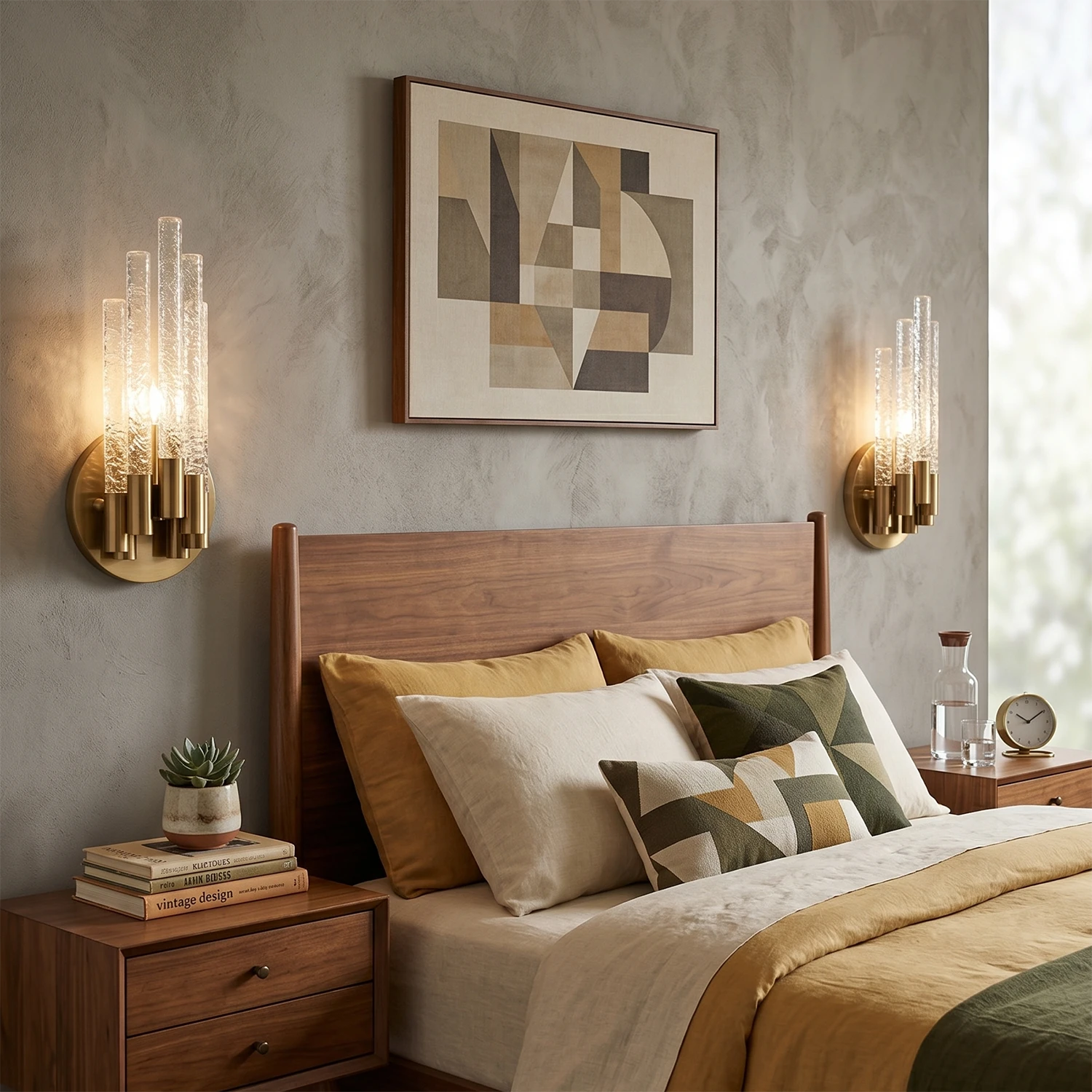Artisanal Rippled Glass Wall Sconce - Warm Master Bedroom Bedside Flanking Wooden Headboard | HoaiLamp