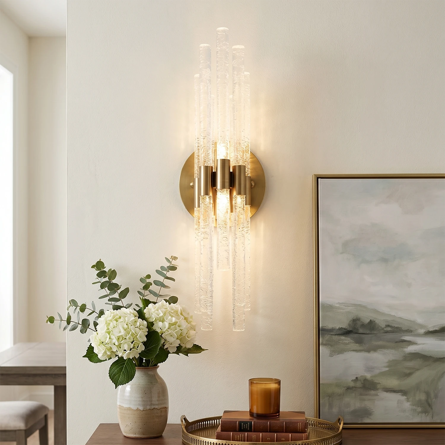 Artisanal Rippled Glass Wall Sconce - Elegant Dining Room Credenza Painting and White Flowers Setup | HoaiLamp