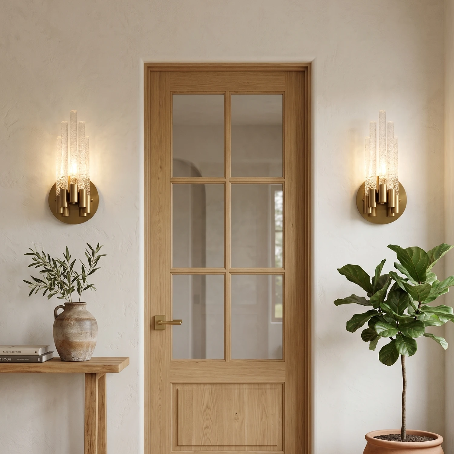 Artisanal Rippled Glass Wall Sconce - Modern Doorway Flanking Glass Paneled Wooden Door | HoaiLamp