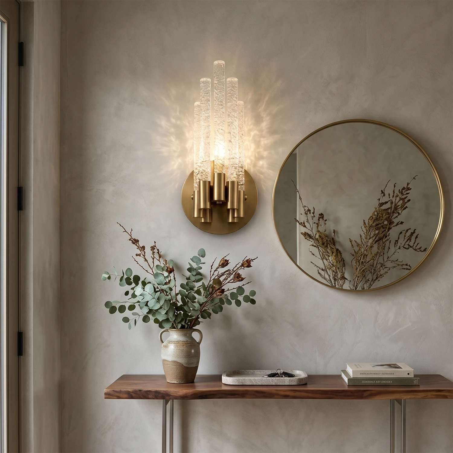 Artisanal Rippled Glass Wall Sconce - Chic Entryway Foyer Console Table Round Mirror | HoaiLamp