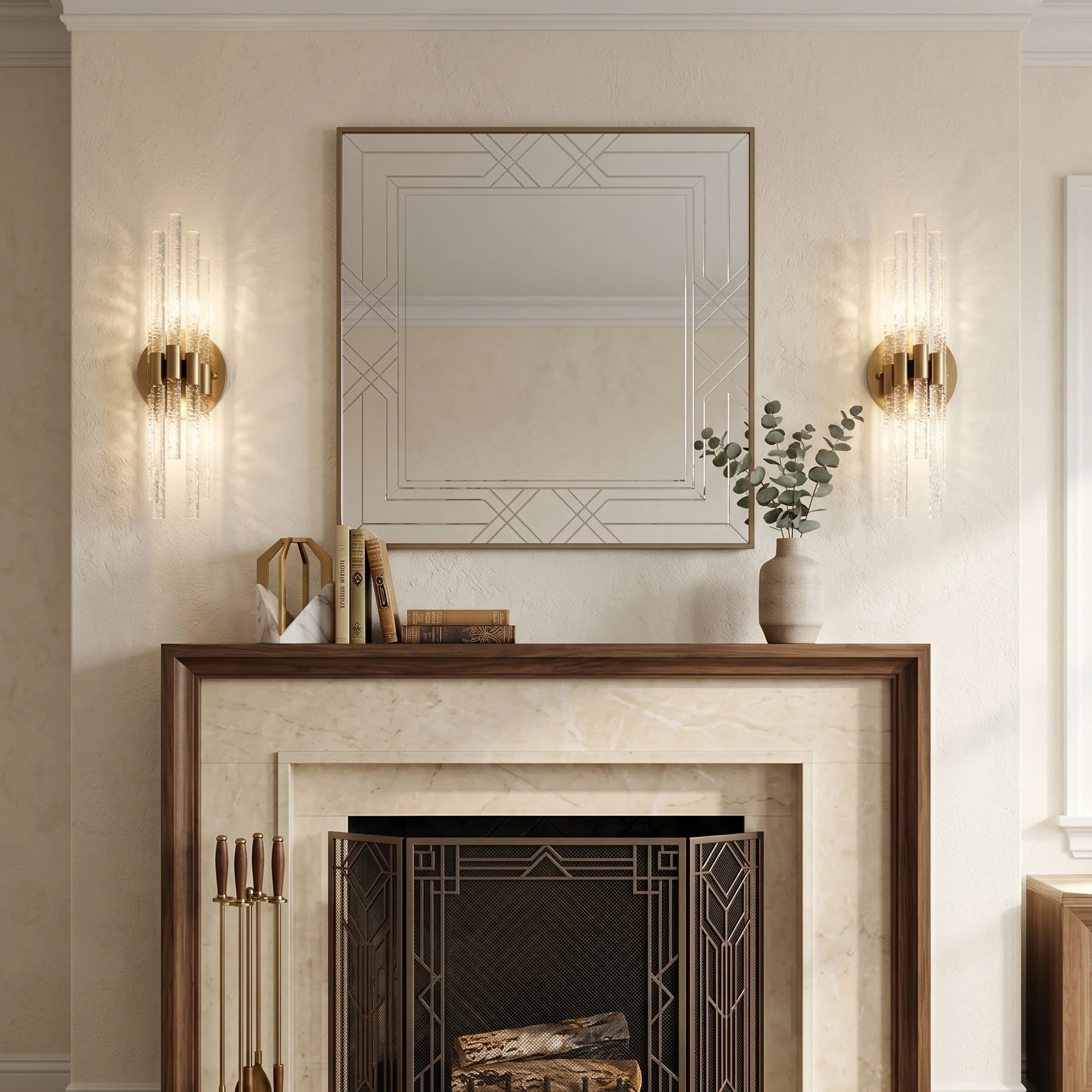 Artisanal Rippled Glass Wall Sconce - Classical Living Room Fireplace Mantel Symmetrical Layout | HoaiLamp