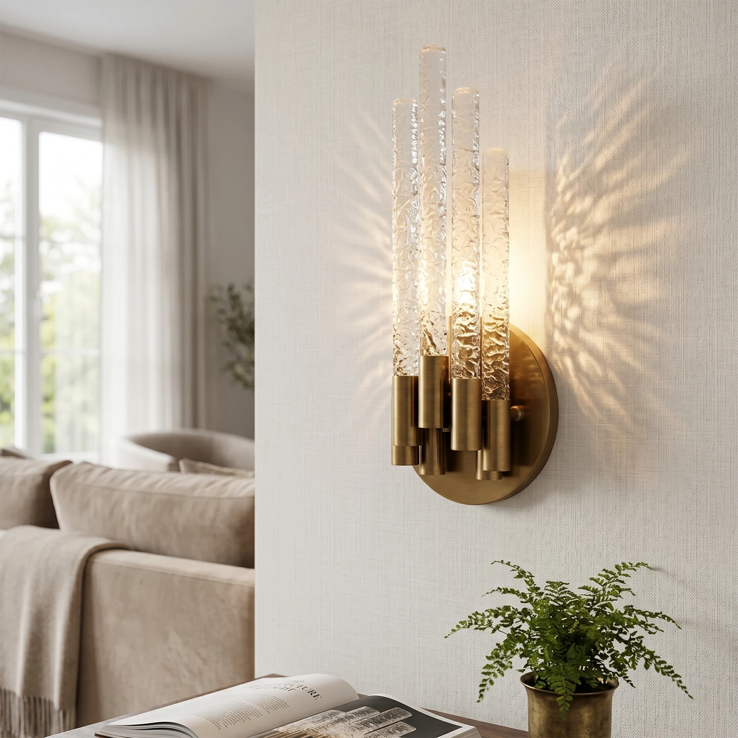 Artisanal Rippled Glass Wall Sconce - Cozy Living Room Pillar Next to Sofa Ambient Lighting | HoaiLamp