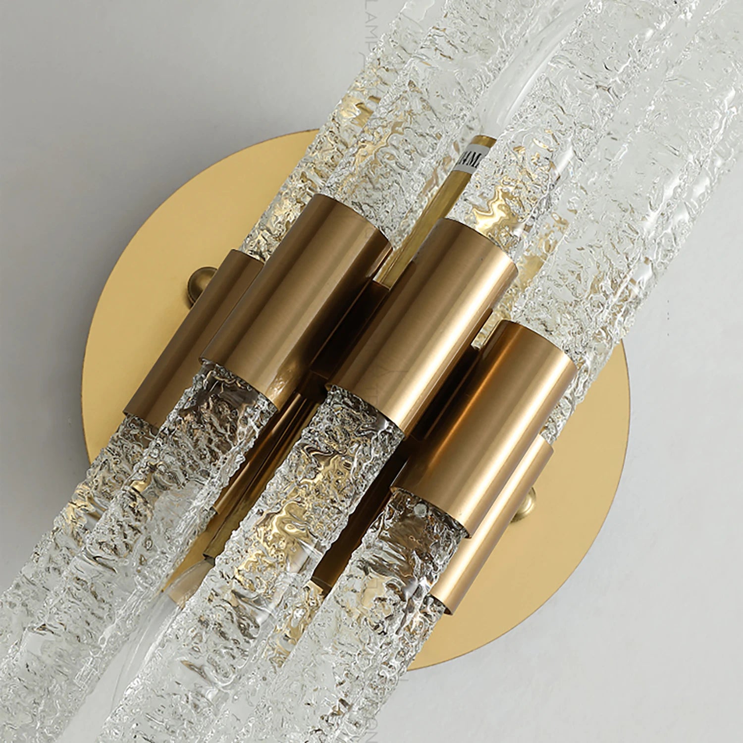 Artisanal Rippled Glass Wall Sconce - Detail View Round Brass Backplate and Cylindrical Holders | HoaiLamp