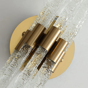 Artisanal Rippled Glass Wall Sconce - Detail View Round Brass Backplate and Cylindrical Holders | HoaiLamp