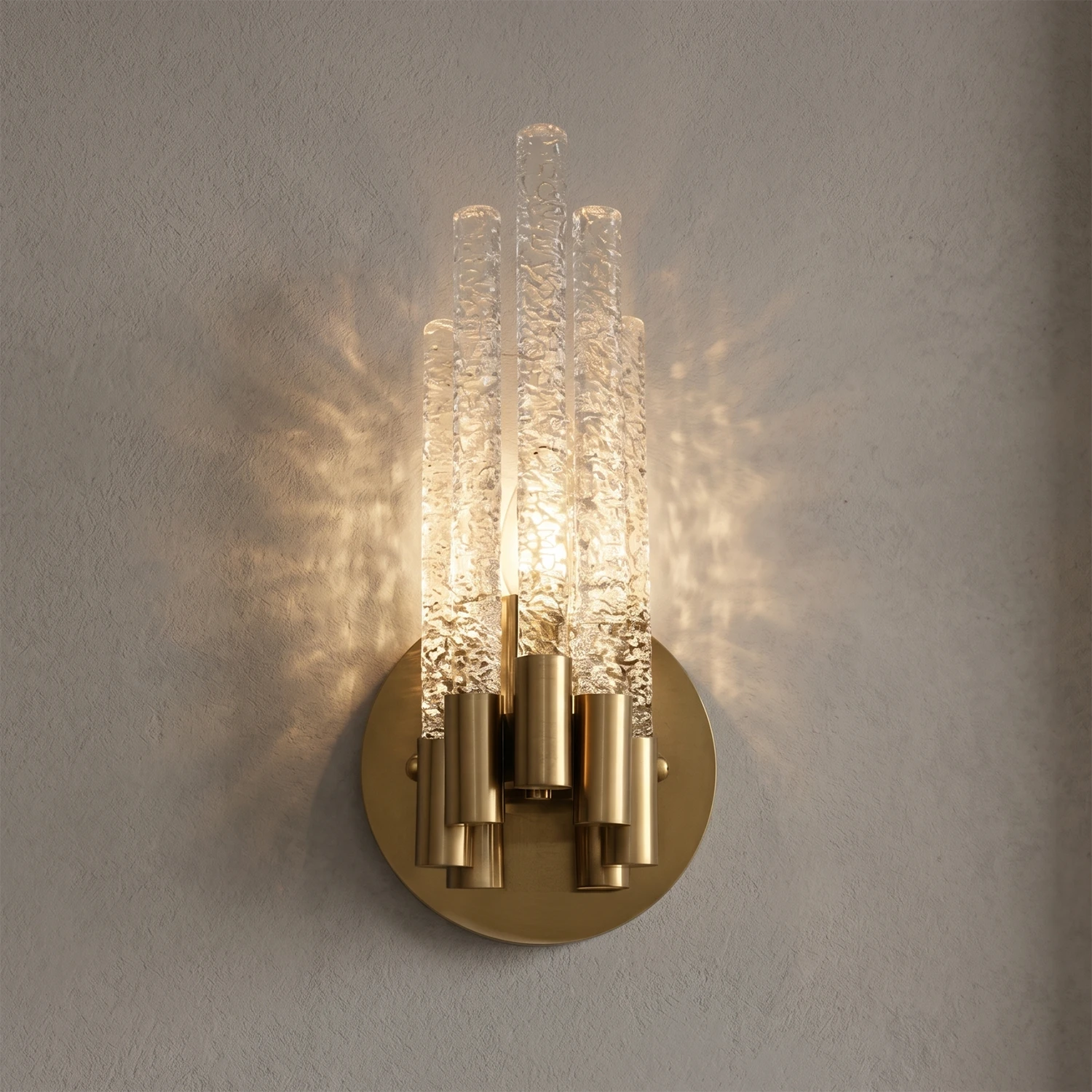 Artisanal Rippled Glass Wall Sconce - Studio Short Single Ended Variant Warm Lit Radiating Light | HoaiLamp