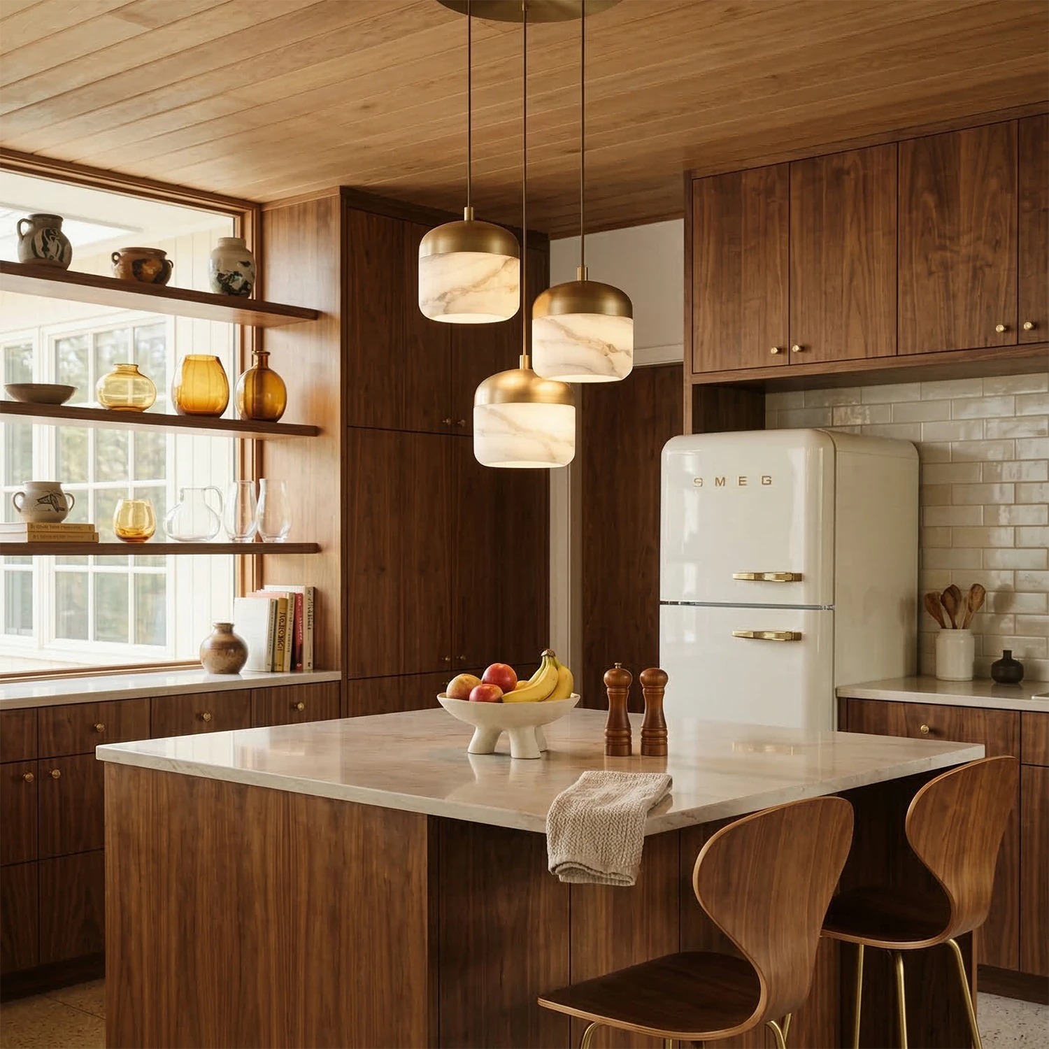 AstaVera Alabaster Pendant Light - 3 Light Cluster Dining Sconce Walnut Timber Kitchen | HoaiLamp