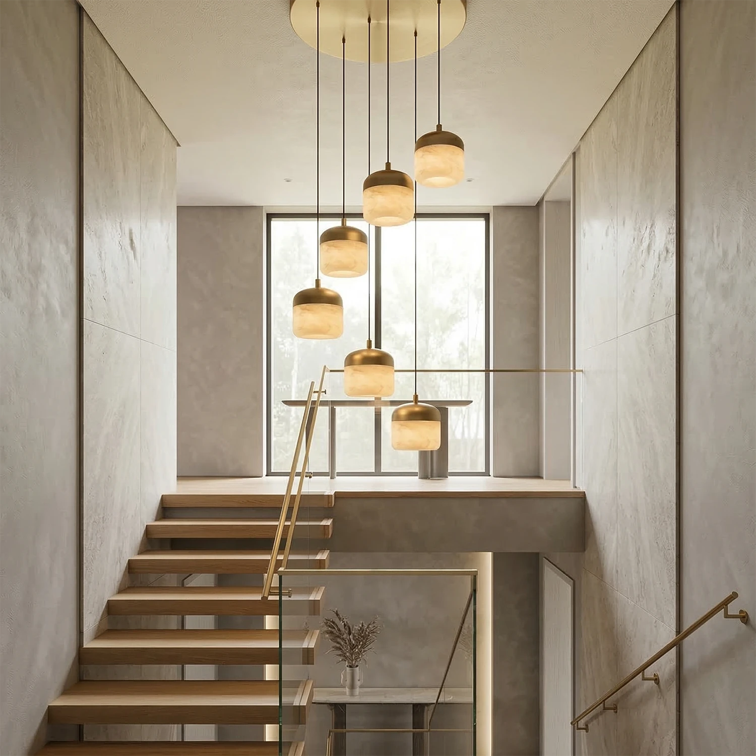 AstaVera Alabaster Pendant Light - Multi Light Spiral Stairwell Pendant Architectural Void | HoaiLamp