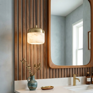 AstaVera Alabaster Pendant Light - Single Head Modern Bathroom Vanity Mirror Wood Grid | HoaiLamp