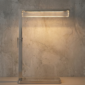 Audobos Glass Task Table Lamp - Studio Satin Nickel Finish Grey Background | HoaiLamp