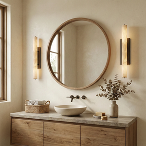 Audon Natural Linear Alabaster Stone Wall Sconce - Bathroom Vanity Round Wooden Mirror Cabinet | HoaiLamp
