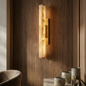 Audon Natural Linear Alabaster Stone Wall Sconce - Dark Walnut Wood Paneling Rustic Pottery Decor | HoaiLamp