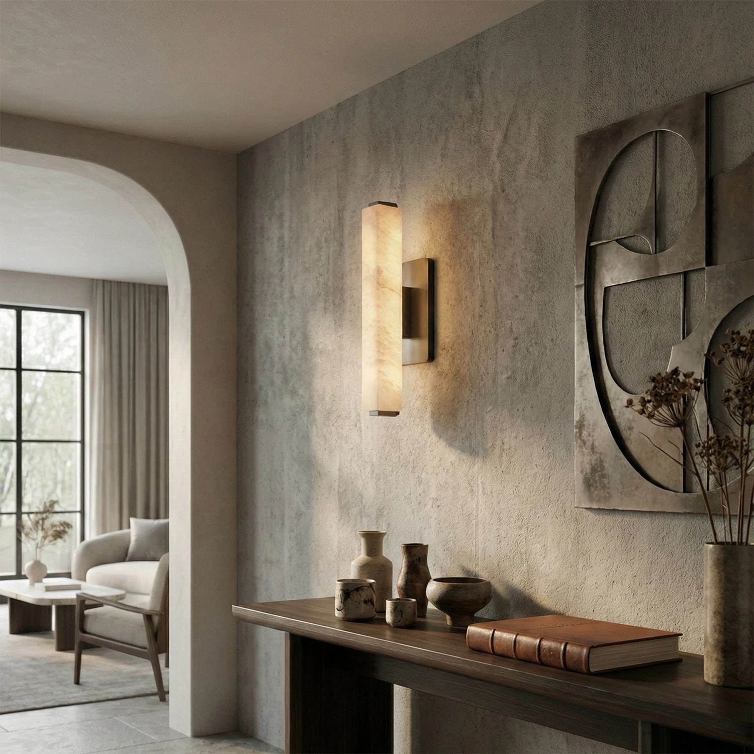 Audon Natural Linear Alabaster Stone Wall Sconce - Transitional Arched Hallway Corridor Wooden Console Table | HoaiLamp