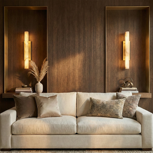 Audon Natural Linear Alabaster Stone Wall Sconce - Living Room Dark Wood Alcove Paneling Cream Sofa Setup | HoaiLamp