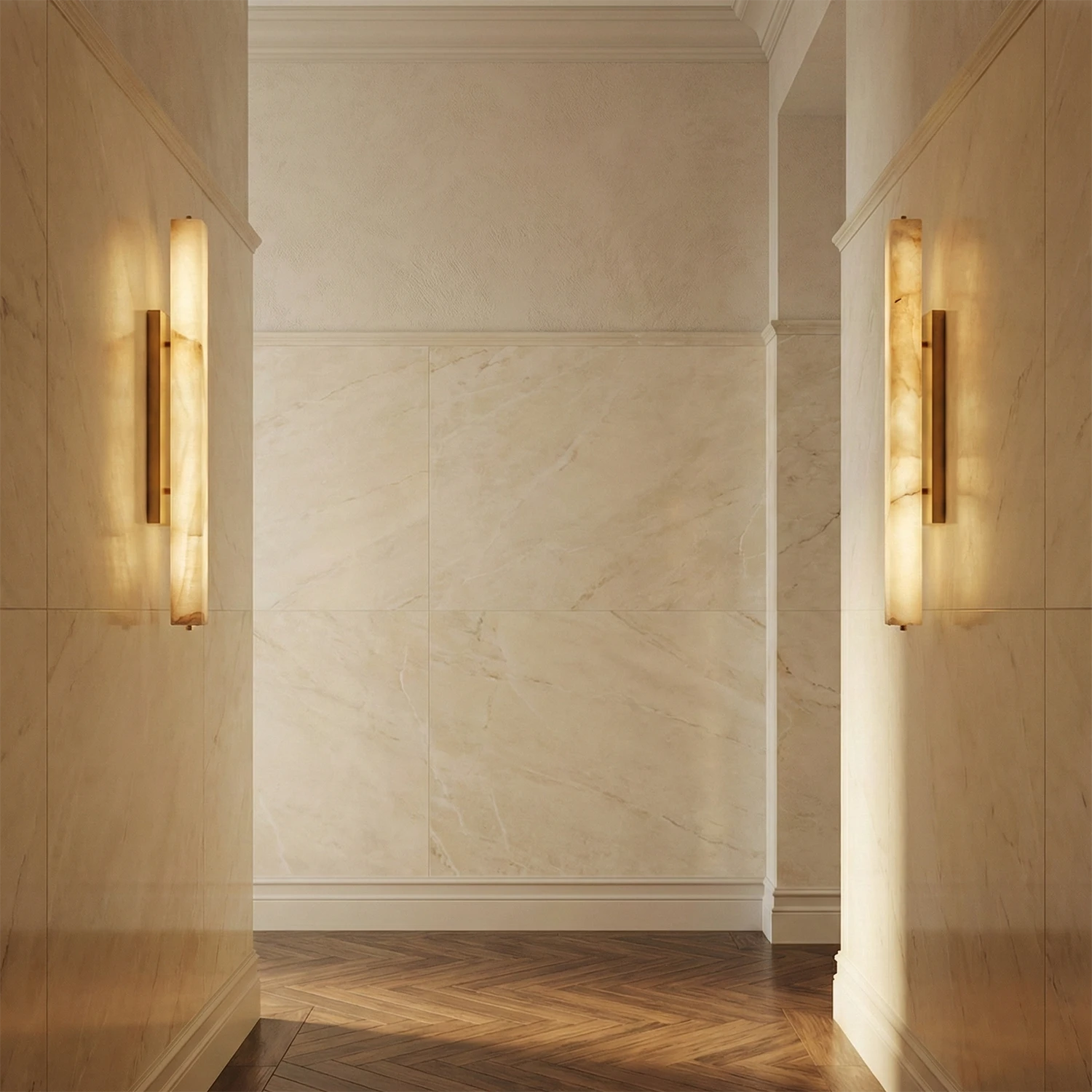 Audon Natural Linear Alabaster Stone Wall Sconce - Minimalist Modern Long Hallway Walkway Symmetrical Lighting | HoaiLamp