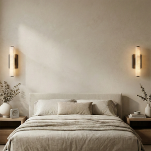 Audon Natural Linear Alabaster Stone Wall Sconce - Warm Master Bedroom Bedside Beige Upholstered Headboard | HoaiLamp