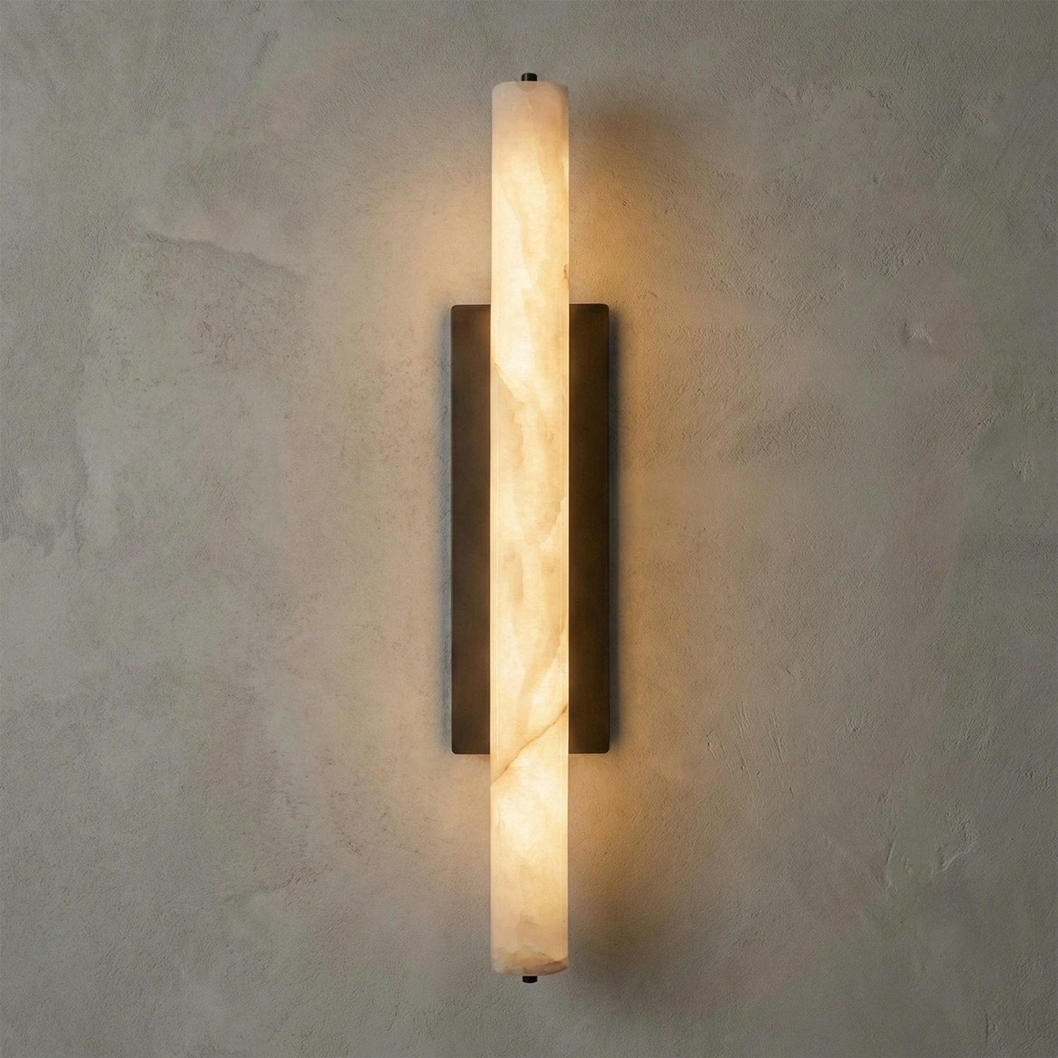 Audon Natural Linear Alabaster Stone Wall Sconce - Studio Grey Concrete Slim Rectangular Black Hardware Lit | HoaiLamp