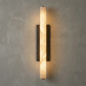 Audon Natural Linear Alabaster Stone Wall Sconce - Studio Grey Concrete Slim Rectangular Black Hardware Lit | HoaiLamp