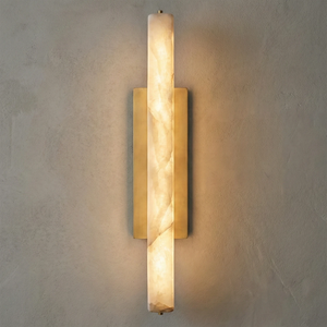 Audon Natural Linear Alabaster Stone Wall Sconce - Studio Grey Concrete Slim Rectangular Gold Brass Lit | HoaiLamp