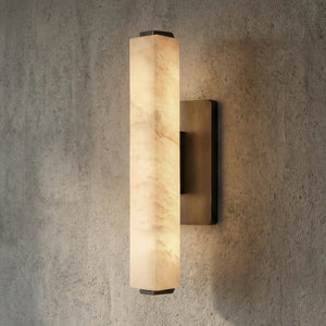 Audon Natural Linear Alabaster Stone Wall Sconce - Studio Grey Concrete Thick Cylinder Black Hardware Lit | HoaiLamp