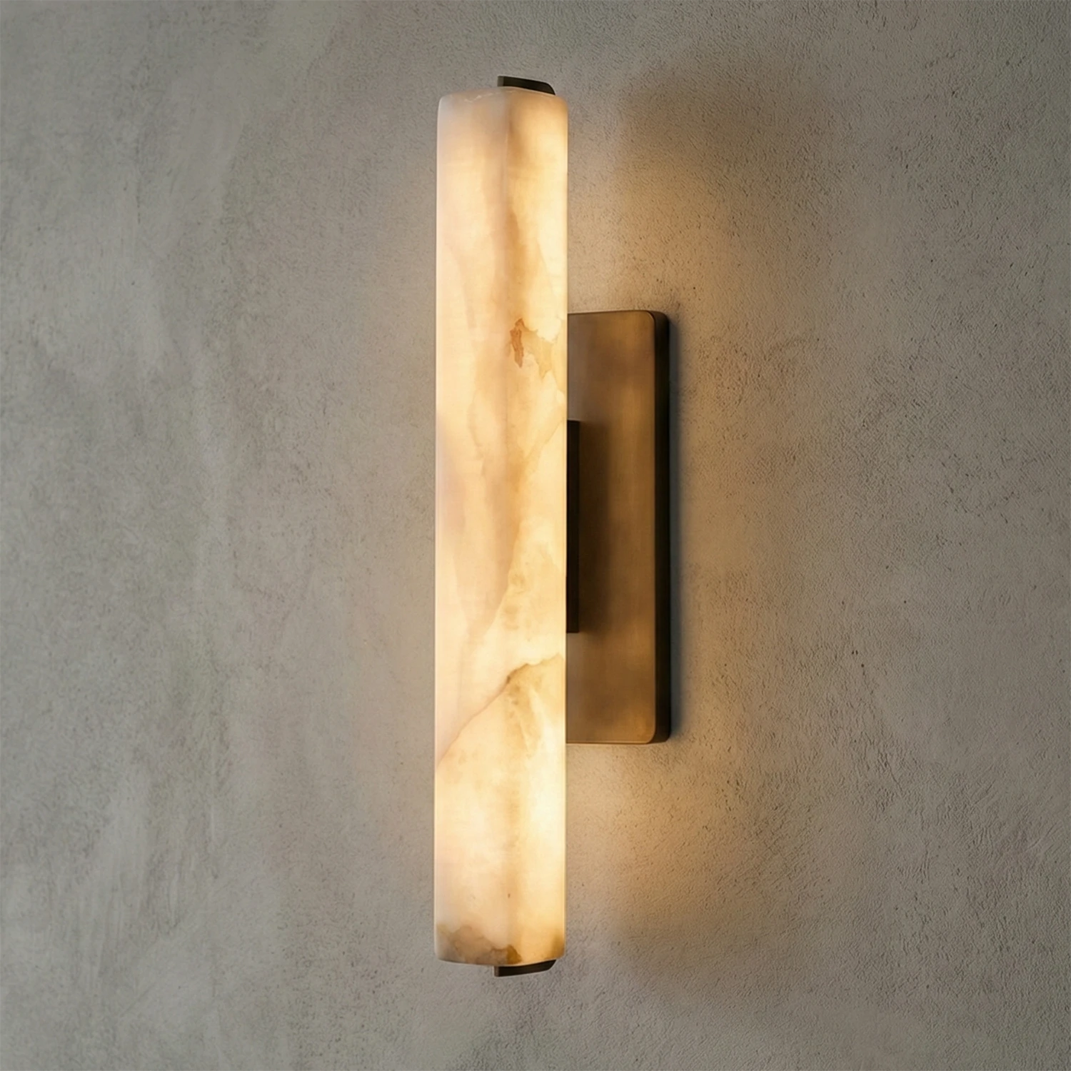 Audon Natural Linear Alabaster Stone Wall Sconce - Studio Grey Concrete Thick Cylinder Gold Brass Lit | HoaiLamp