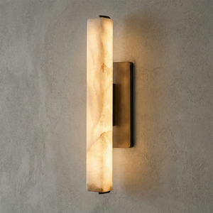Audon Natural Linear Alabaster Stone Wall Sconce - Studio Grey Concrete Thick Cylinder Gold Brass Lit | HoaiLamp