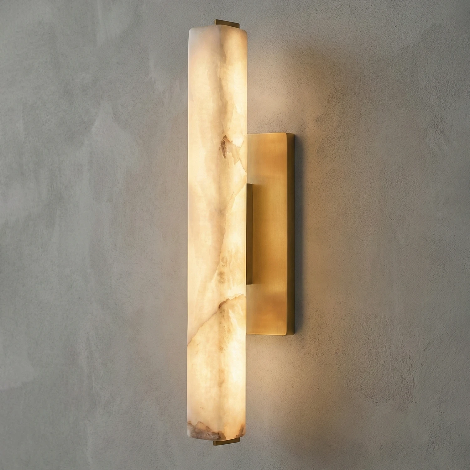 Audon Natural Linear Alabaster Stone Wall Sconce - Studio Grey Concrete Wall Illuminated Warm Ambient Glow | HoaiLamp