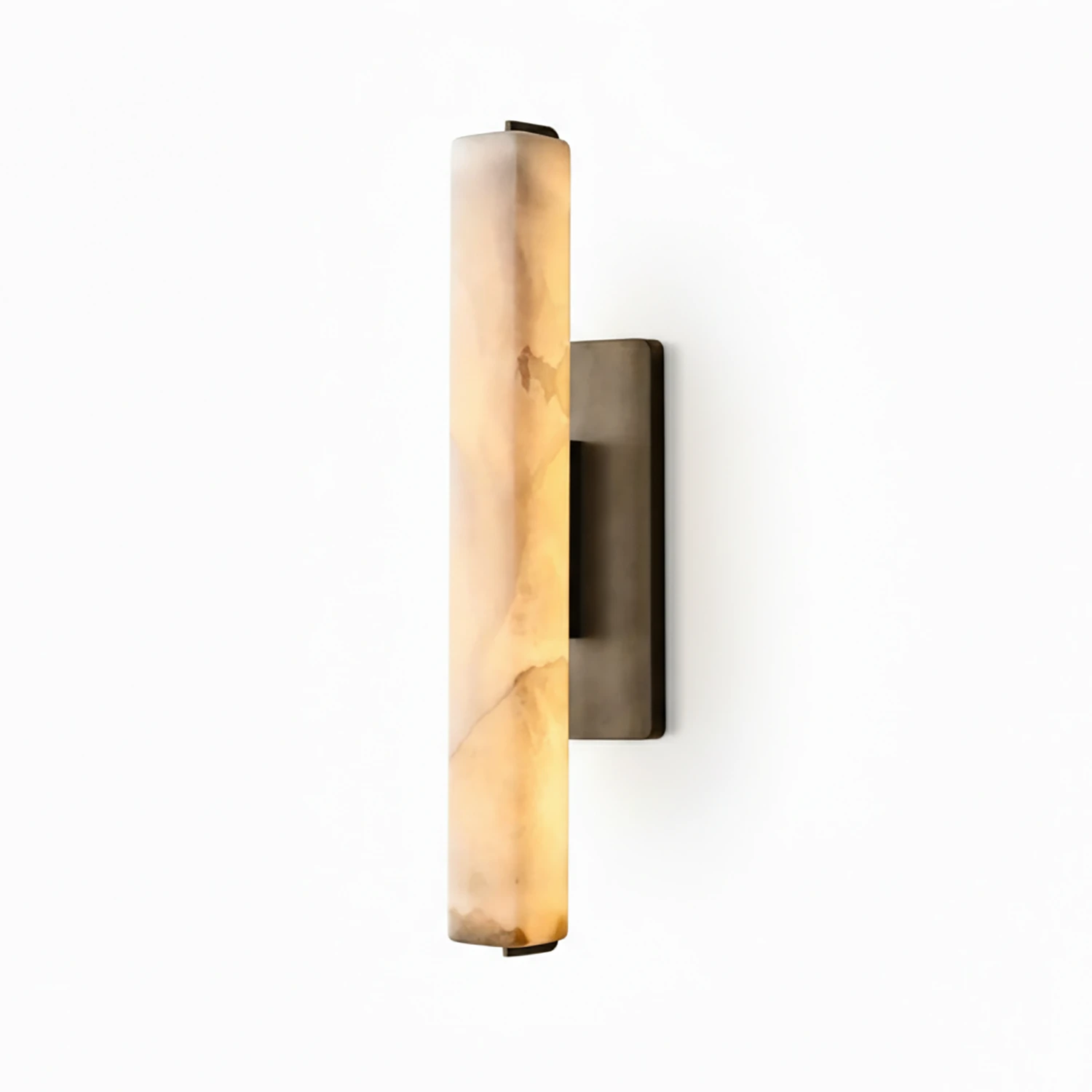 Audon Natural Linear Alabaster Stone Wall Sconce - Studio White Background Thick Cylinder Black Hardware Lit | HoaiLamp
