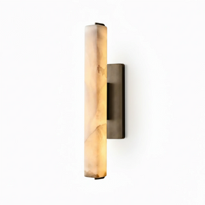 Audon Natural Linear Alabaster Stone Wall Sconce - Studio White Background Thick Cylinder Black Hardware Lit | HoaiLamp