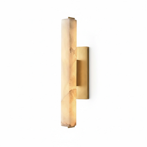 Audon Natural Linear Alabaster Stone Wall Sconce - Studio White Background Thick Cylinder Gold Brass Lit | HoaiLamp
