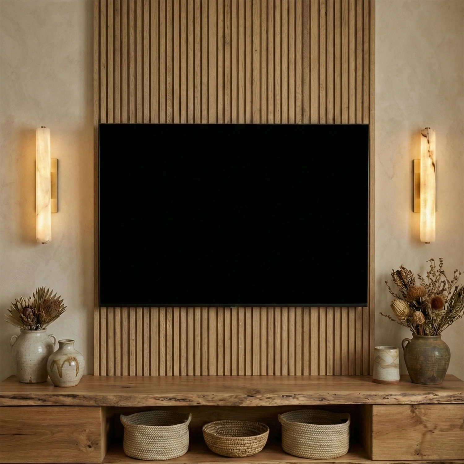 Audon Natural Linear Alabaster Stone Wall Sconce - Vertical Slatted Wood Panel TV Accent Wall Backdrop | HoaiLamp