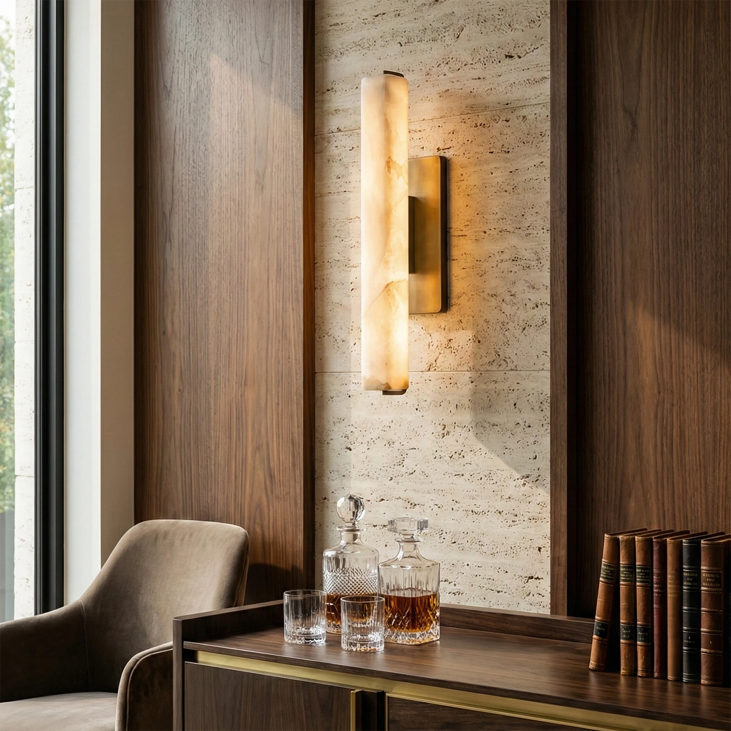 Audon Natural Linear Alabaster Stone Wall Sconce - Cozy Lounge White Brick Accent Wall Dark Wood Paneling | HoaiLamp