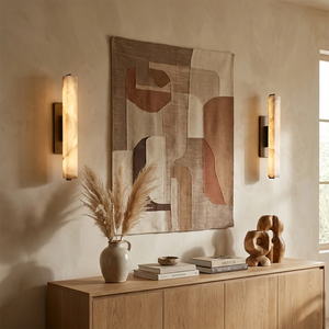 Audon Natural Linear Alabaster Stone Wall Sconce - Mid Century Wooden Credenza Cabinet Abstract Art Canvas | HoaiLamp