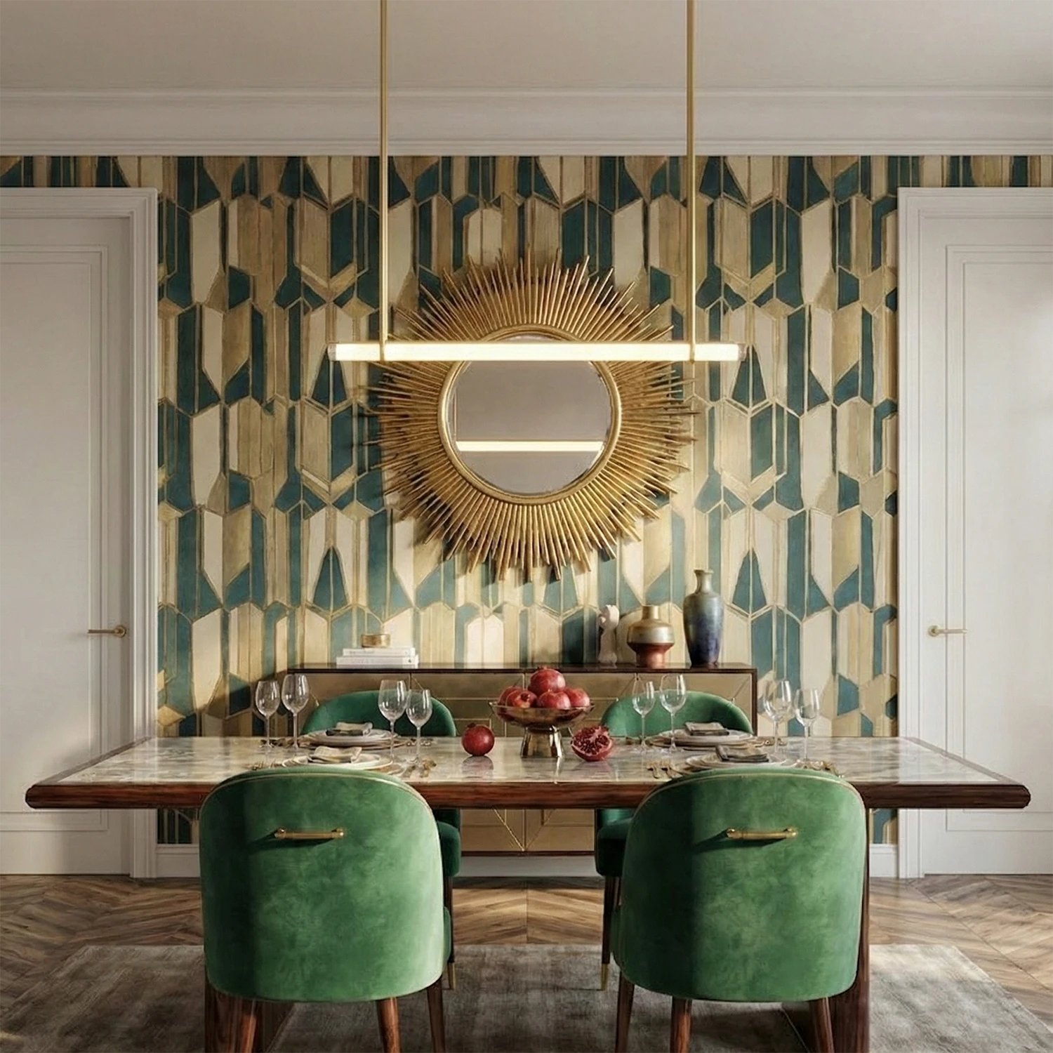 Audubon Crystal-Glow Multi-Bar Linear Chandelier - Art Deco Dining Room Emerald Green Wallpaper Velvet Chairs | HoaiLamp