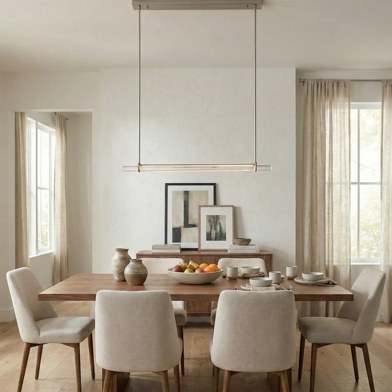 Audubon Crystal-Glow Multi-Bar Linear Chandelier - Bright Modern Dining Room Light Wood Table Cream Chairs | HoaiLamp
