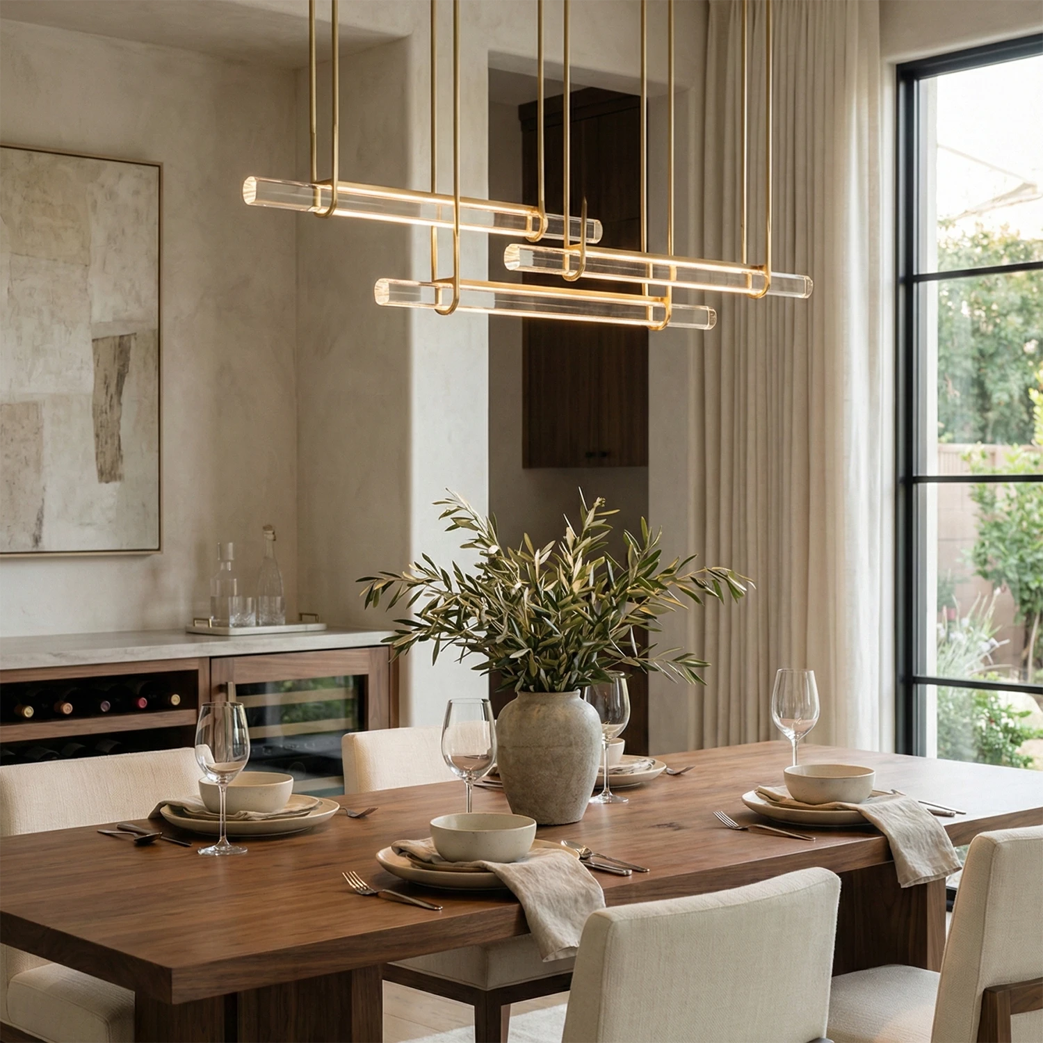 Audubon Crystal-Glow Multi-Bar Linear Chandelier - Contemporary Open Concept Dining Area Wood Table Multi Bar | HoaiLamp