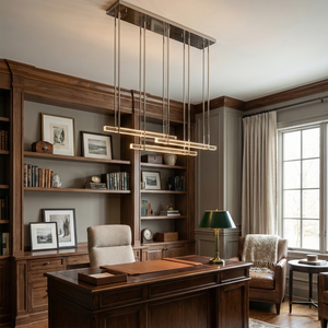 Audubon Crystal-Glow Multi-Bar Linear Chandelier - Executive Home Study Rich Dark Wood Built In Bookshelves | HoaiLamp