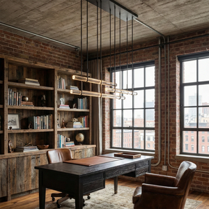 Audubon Crystal-Glow Multi-Bar Linear Chandelier - Industrial Home Office Brick Walls Built In Bookshelves | HoaiLamp