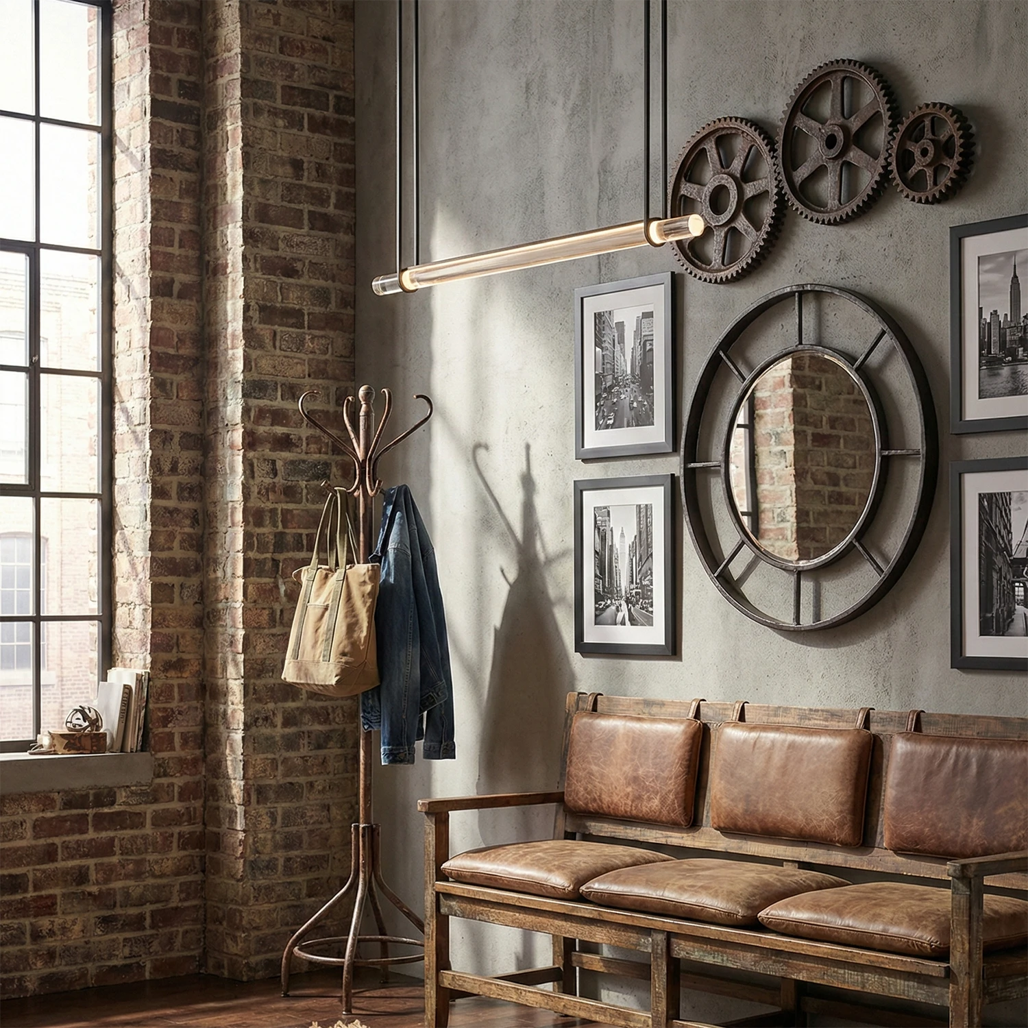 Audubon Crystal-Glow Multi-Bar Linear Chandelier - Industrial Loft Entryway Exposed Brick Wall Gear Decor | HoaiLamp