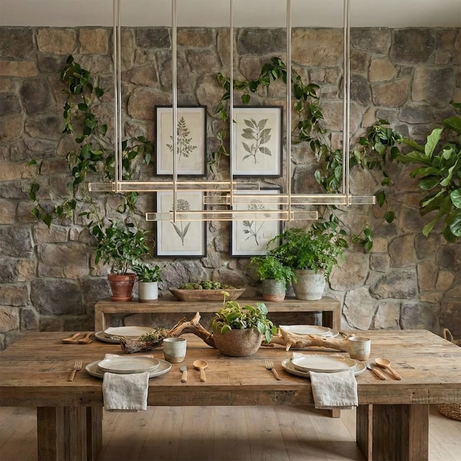 Audubon Crystal-Glow Multi-Bar Linear Chandelier - Lifestyle Rustic Botanical Dining Room Stone Wall Plants | HoaiLamp