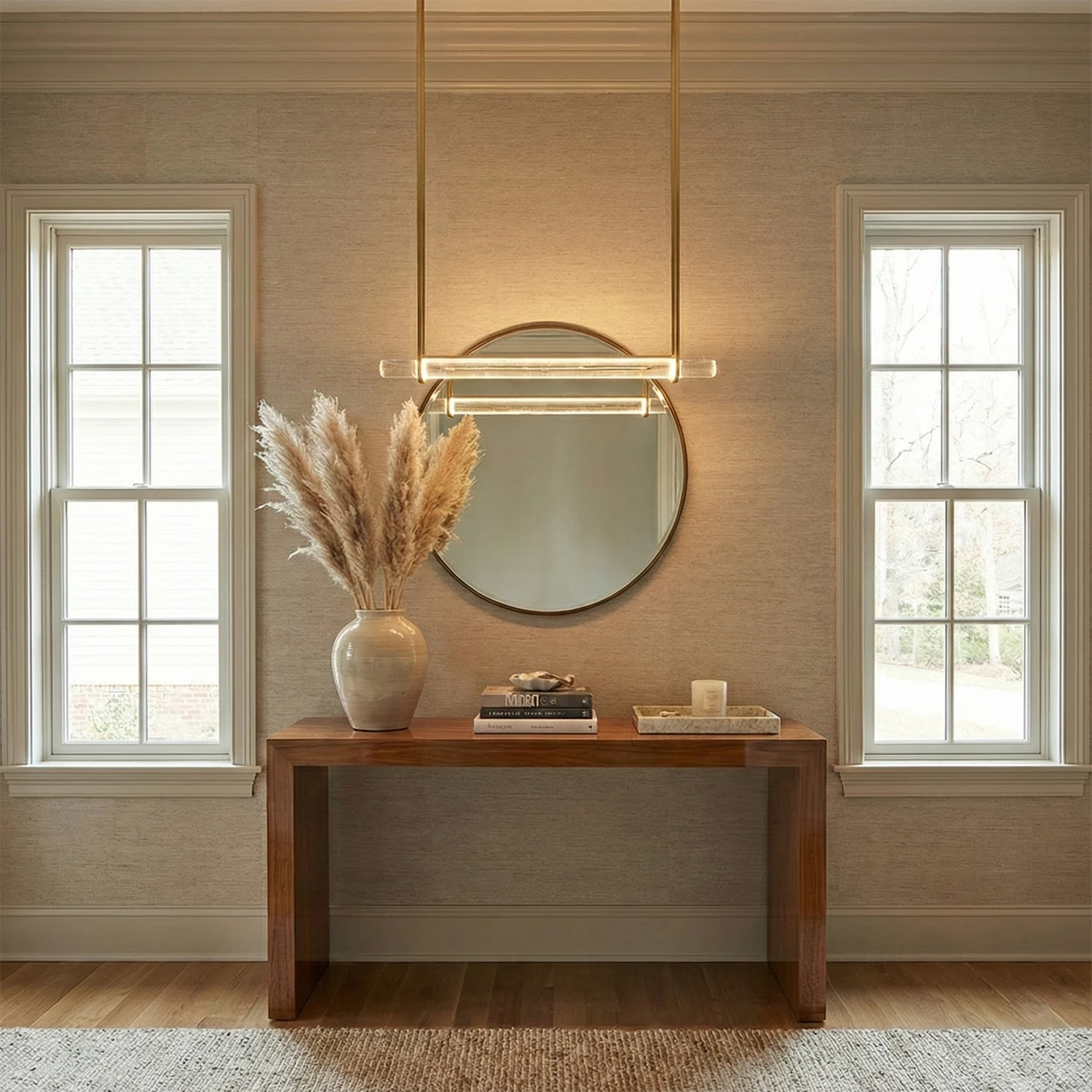 Audubon Crystal-Glow Multi-Bar Linear Chandelier - Elegant Transitional Entryway Console Table Round Mirror | HoaiLamp