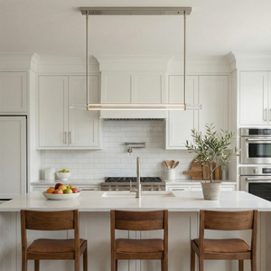 Audubon Crystal-Glow Multi-Bar Linear Chandelier - Modern Minimalist All White Kitchen Island Wooden Stools | HoaiLamp