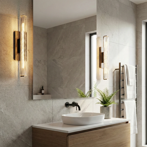 Audubonne Minimalist Crystal Column Sconce - Contemporary Dressing Table Wood Cabinet Mirror | HoaiLamp