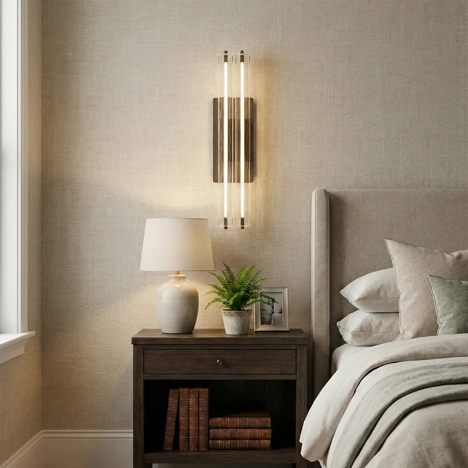Audubonne Minimalist Crystal Column Sconce - Cozy Bedroom Bedside Table Lamp Nightstand Vignette | HoaiLamp
