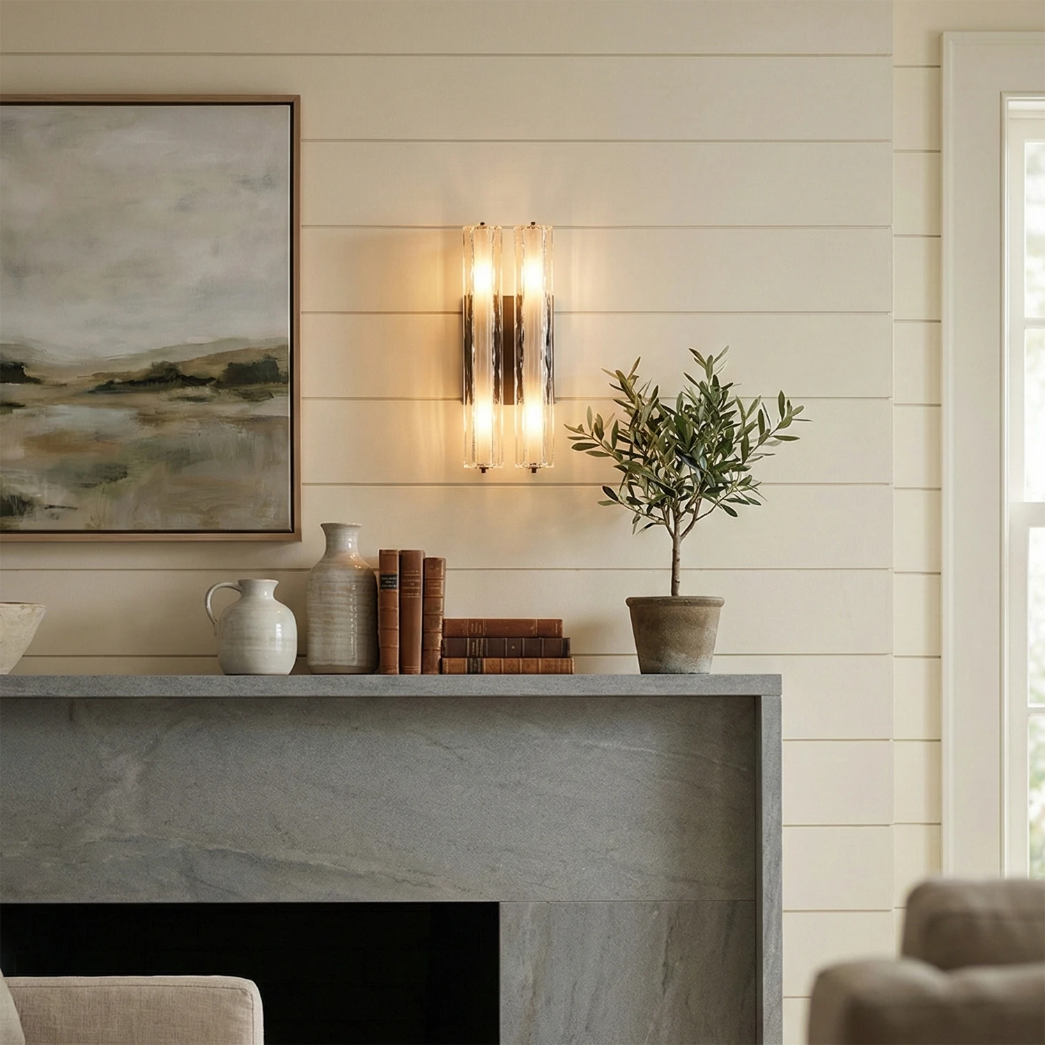 Audubonne Minimalist Crystal Column Sconce - Cozy Sitting Room Fireplace Mantel Olive Tree | HoaiLamp