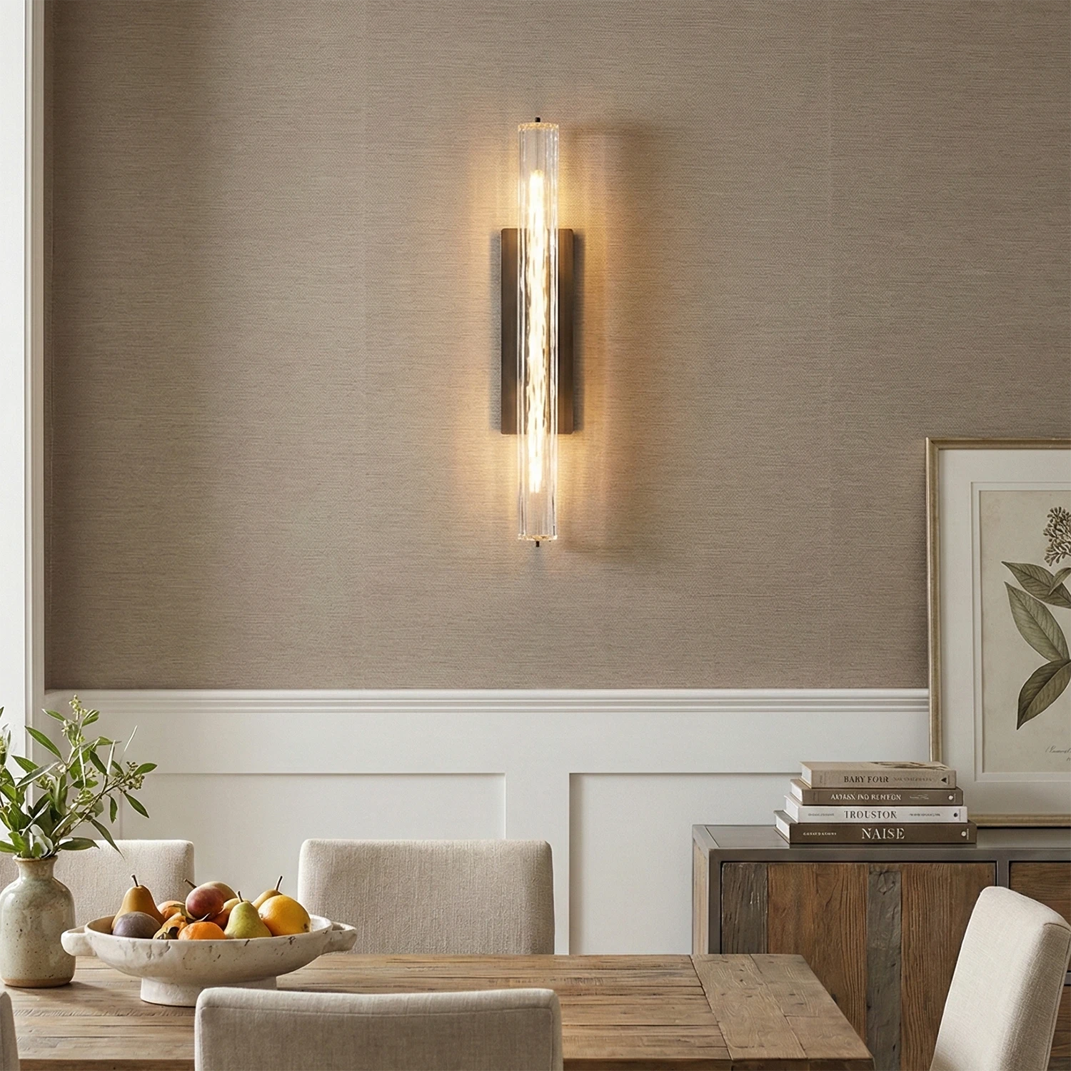 Audubonne Minimalist Crystal Column Sconce - Elegant Dining Space White Wainscoting Paneling | HoaiLamp