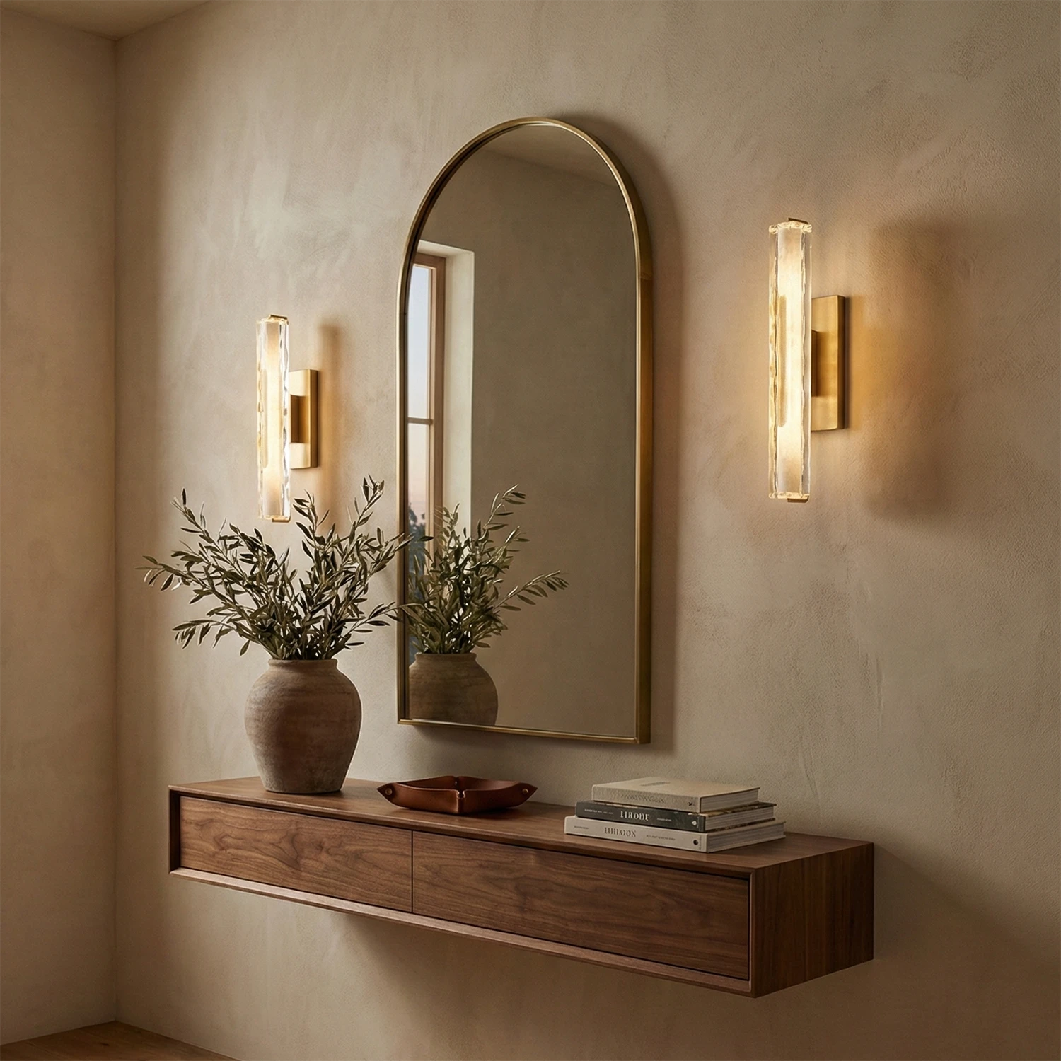 Audubonne Minimalist Crystal Column Sconce - Elegant Entryway Arched Gold Mirror Floating Ledge | HoaiLamp