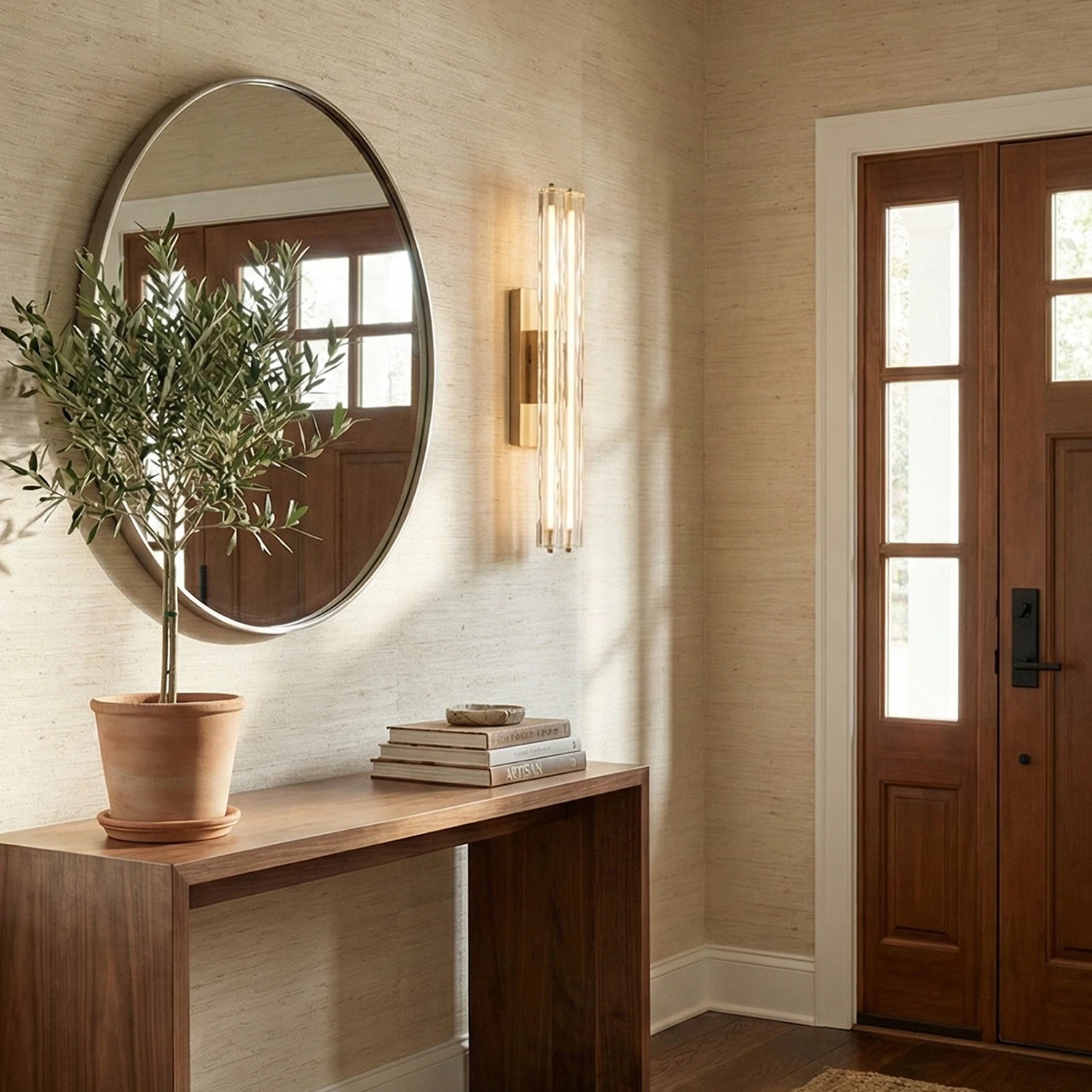 Audubonne Minimalist Crystal Column Sconce - Foyer Entryway Console Table Wooden Door | HoaiLamp