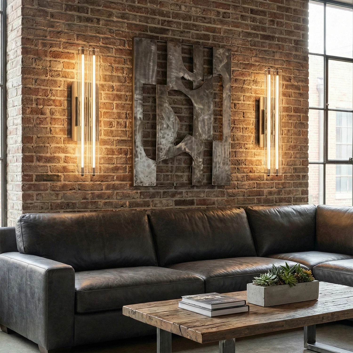 Audubonne Minimalist Crystal Column Sconce - Industrial Living Room Black Leather Sofa Brick Accent | HoaiLamp